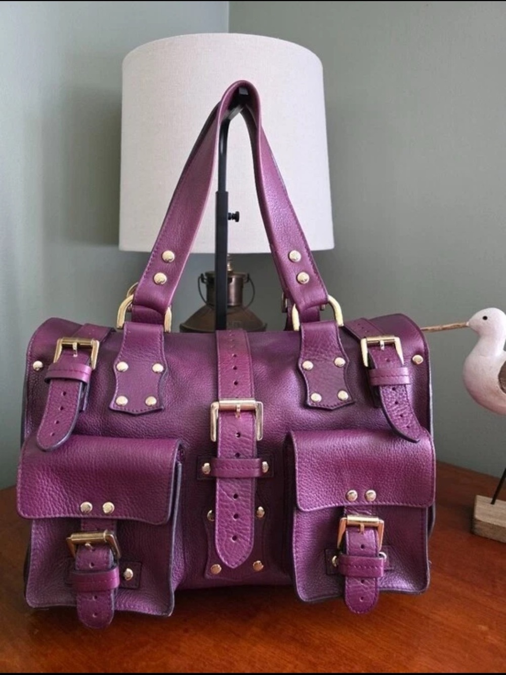 Mulberry Plum Leather Satchel with Gold Hardware
